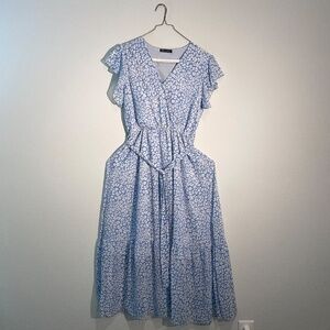 Pretty Garden Womens Floral Maxi Dress, Blue & White, Belted, M, Short Sleeve